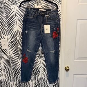 KanCan Distressed Blue Jeans with Red Floral Embroidery